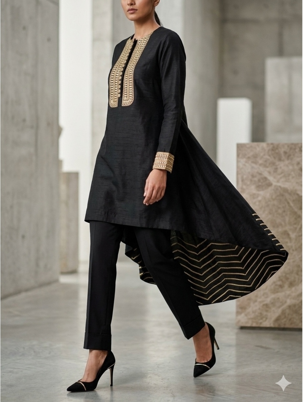 Payal Singhal Black & Gold Dupioni Silk High-Low Tunic Top MED